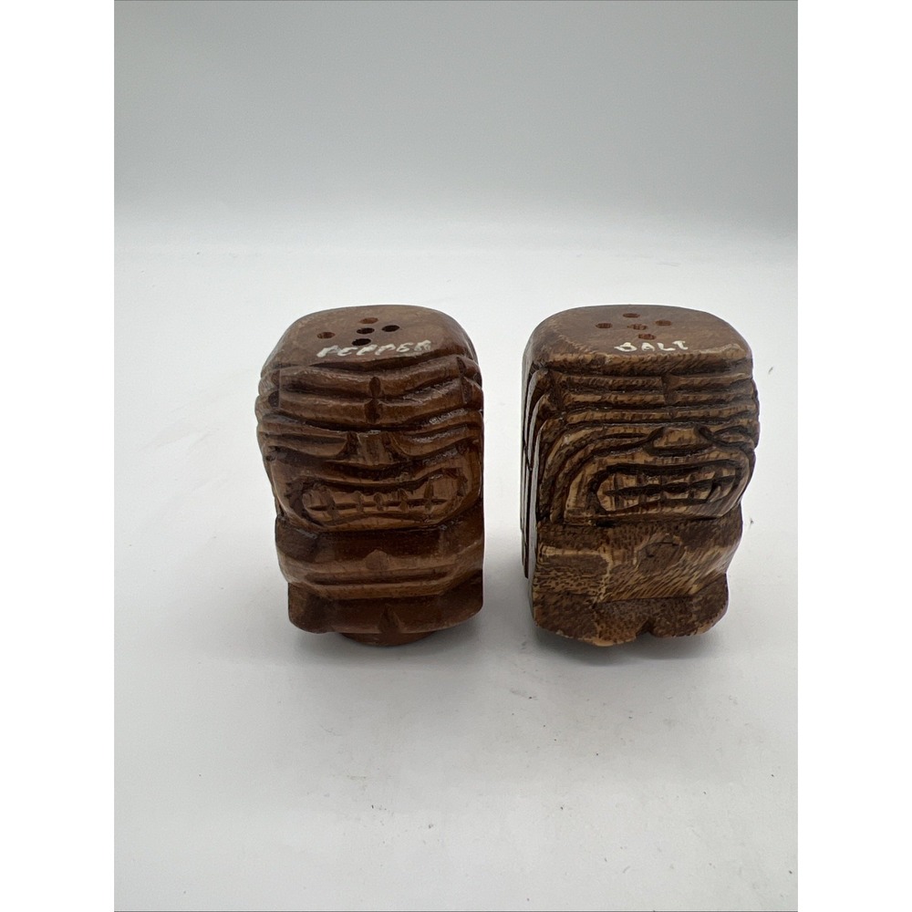 Vintage Hand Carved Wood Aztec Tiki Design Salt and Pepper Shakers